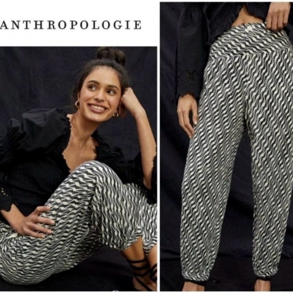 Anthropologie Harem Zigzag Black and White Joggers boho linen size 10 comfy